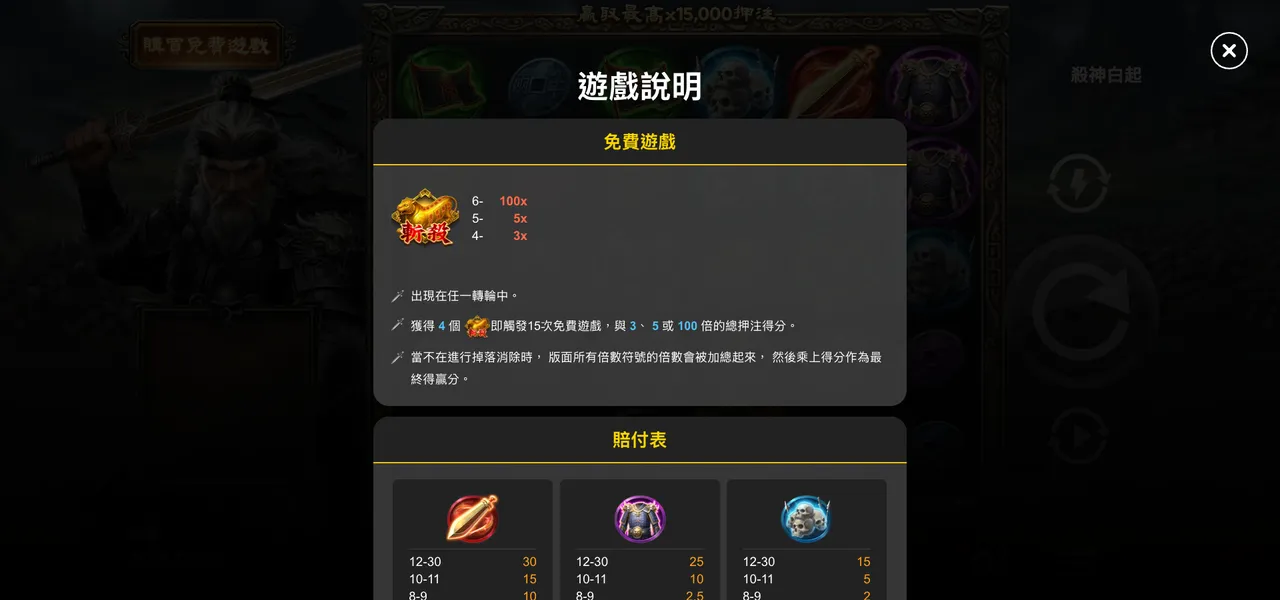 殺神白起 — 遊戲內賠付表